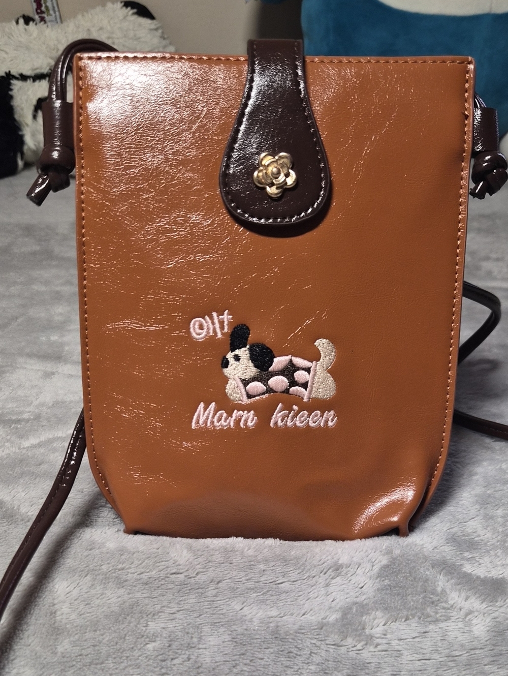 Brown Crossbody Bag with Embroidered Dog Accent